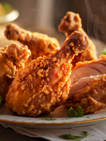 simple fried chicken recipe - Crispy, golden fried chicken served on a plate with fresh parsley and lemon wedges.