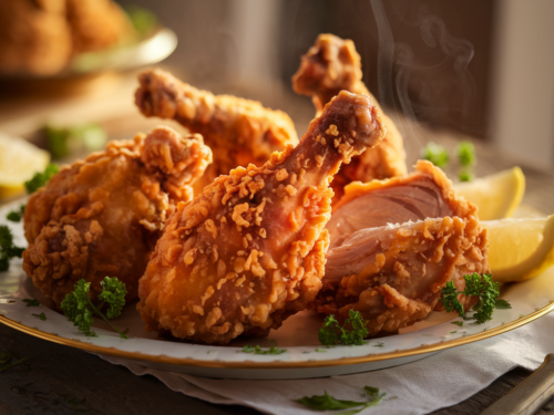 simple fried chicken recipe - Crispy, golden fried chicken served on a plate with fresh parsley and lemon wedges.