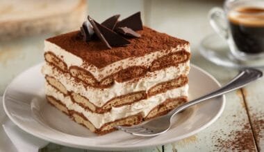 A slice of tiramisu with cocoa powder and chocolate shavings on a white plate.