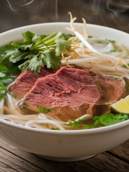 Authentic Vietnamese Pho Recipe - Delicious bowl of Vietnamese Pho with tender beef slices, fresh noodles, and aromatic broth, garnished with fresh herbs and lime.
