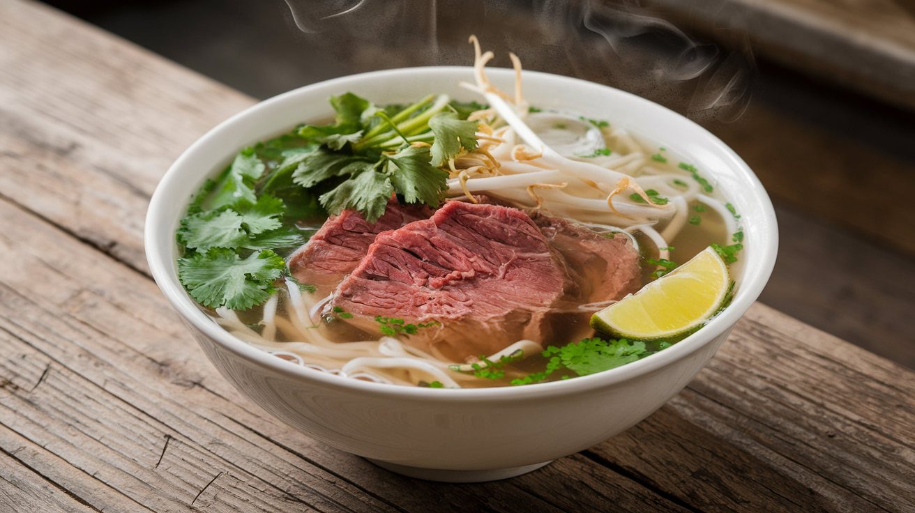 Authentic Vietnamese Pho Recipe - Delicious bowl of Vietnamese Pho with tender beef slices, fresh noodles, and aromatic broth, garnished with fresh herbs and lime.