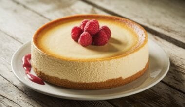 New York Cheesecake Recipe - A slice of rich, creamy New York cheesecake with a golden graham cracker crust and fresh berries on top.