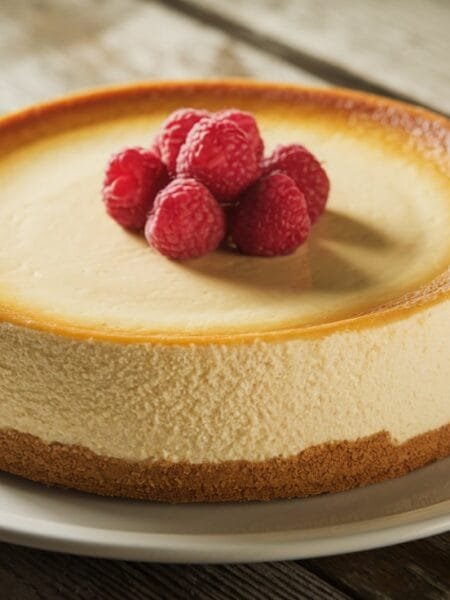New York Cheesecake Recipe - A slice of rich, creamy New York cheesecake with a golden graham cracker crust and fresh berries on top.